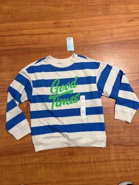 Cat & Jack Blue and Cream Striped Sweatshirt with Green 'Good Times' Graphic
